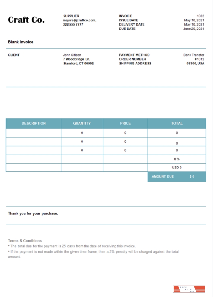 USA Craft Co. invoice PSD template